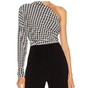 Norma Kamali One-Shoulder Houndstooth Top in Black and White
